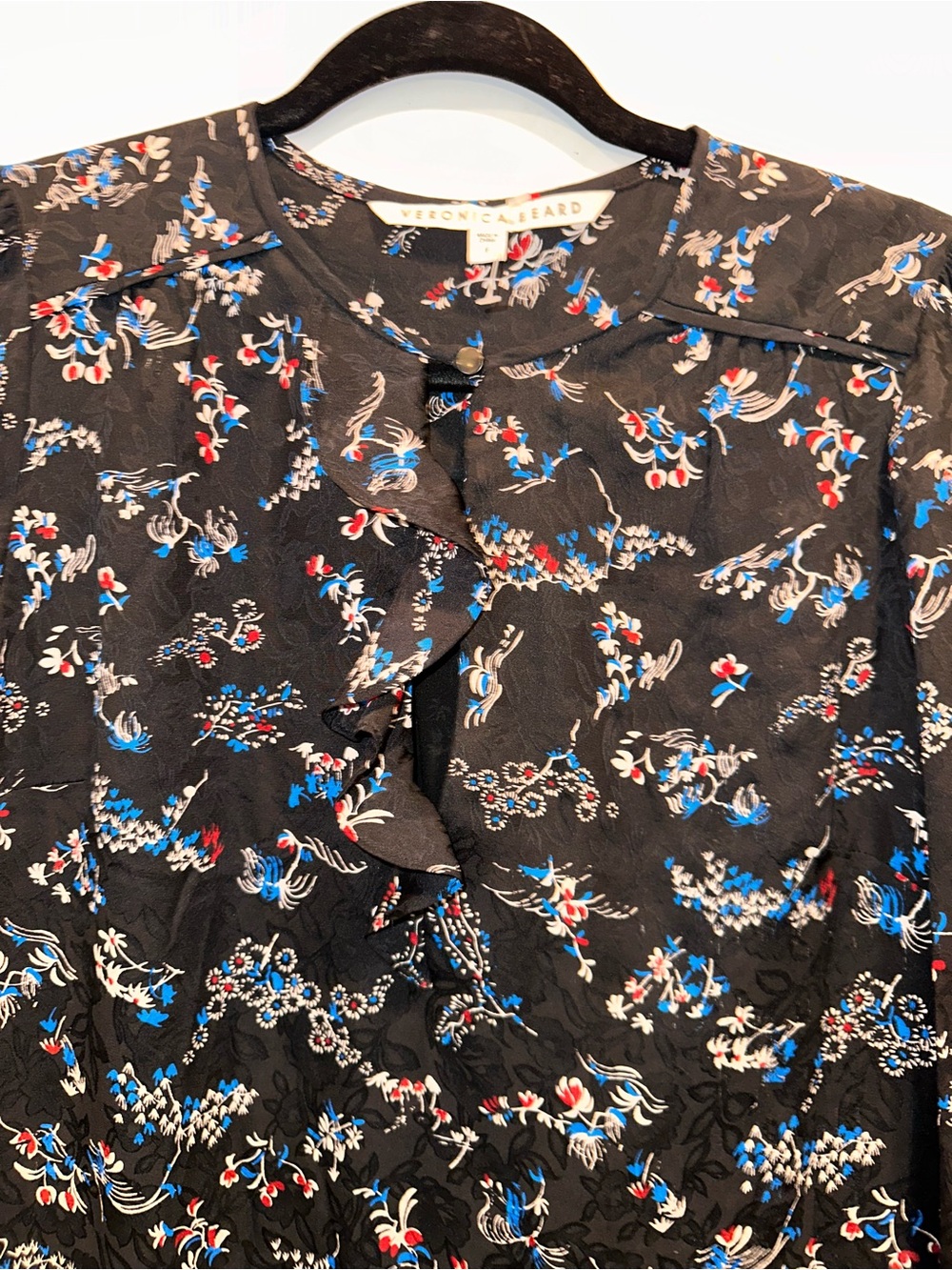NWOT Veronica Beard Preston Silk Size 6 Black Floral Ruffle Long-Sleeve Dress - Picture 6 of 12